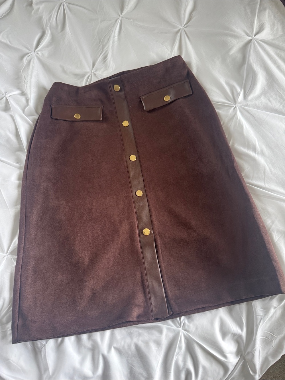 Marc New York Brown Faux-Leather Trim Pencil Skirt with Gold Buttons